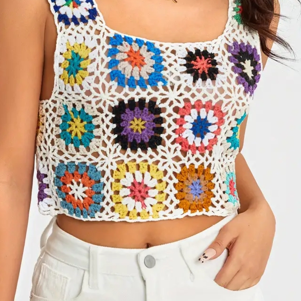 Women's Crochet Knit Tank Top Sleeveless Floral Crochet Knit